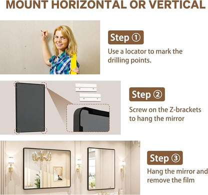 pertetey 24 x 36 in Rounded Rectangle Bathroom Mirror | Black Metal Frame, Tempered Glass, Wall Mounted