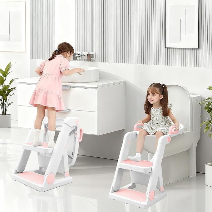 Potty Training Seat with Step Stool Ladder for Kids Girls, Pink | Pre-assembled, 2-in-1, Toddler Toilet Seat, Anti-Slip Foldable Steps, Splash Guard, Adjustable, Potty Ladder for Toddler 1-3