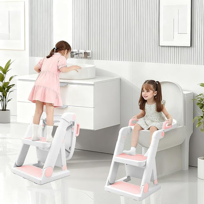 Potty Training Seat with Step Stool Ladder for Kids Girls, Pink | Pre-assembled, 2-in-1, Toddler Toilet Seat, Anti-Slip Foldable Steps, Splash Guard, Adjustable, Potty Ladder for Toddler 1-3