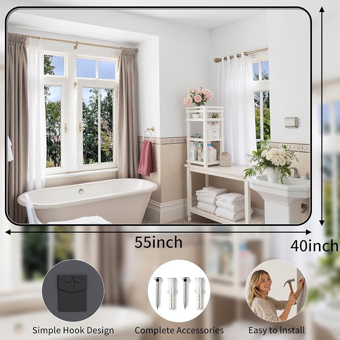 Bathroom Mirror 40"x55" Matte Black Rectangle Bathroom Wall Mirror for Over Sink, Modern Large Vanity Mirror, HD Tempered Glass, Anti-Rust Aluminum Alloy Frame, for Living Room, Bedroom, Entryway