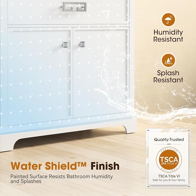 36 Inch Bathroom Vanity with Sink, White | Bathroom Sink Cabinet with Marble Countertop & Backsplash, Soft Closing 2 Doors & 1 Drawer, Adjustable Shelf
