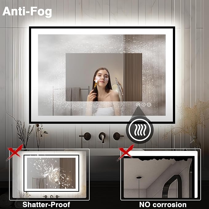 EchosLife 44x30 Bathroom Light up Mirror - Black Trim | Black Frame, Front and Backlit, Anti-Fog, Stepless Dimmable, 3 Colors, Memory, Tempered Glass, UL Listed, Horizontal/Vertical