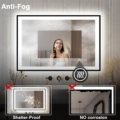 EchosLife 44x30 Bathroom Light up Mirror - Black Trim | Black Frame, Front and Backlit, Anti-Fog, Stepless Dimmable, 3 Colors, Memory, Tempered Glass, UL Listed, Horizontal/Vertical