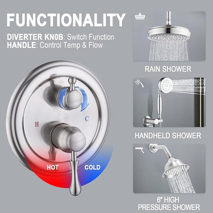 Enga Antique Dual Shower Head Faucet Set - 8" Ceiling Mount Rain Shower & 6" Wall-Mounted Vintage Rainfall + Handheld Spray Combo, Brushed Nickel