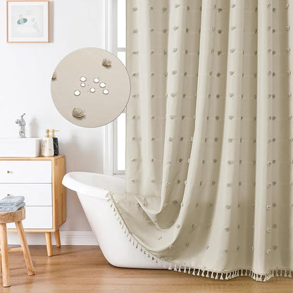 LilyCat Beige Farmhouse Tufted Floral Shower Curtain with Tassel, 72" x 78" | Waterproof Boho Fabric Shower Curtain Set with Hooks, Cute Rustic Vintage Bathroom Décor, Minimalist Cloth Bathroom Curtain