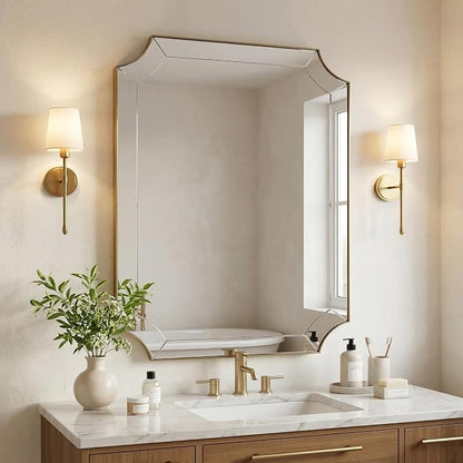 30"x36" Gold Mirror, Brushed Brass Scalloped Wall Mirror, Bathroom Wall Mirror with Stainless Steel Metal Frame, Unique Vanity Mirror with Modern Curved Edge Design, Thin Frame Deep 1"