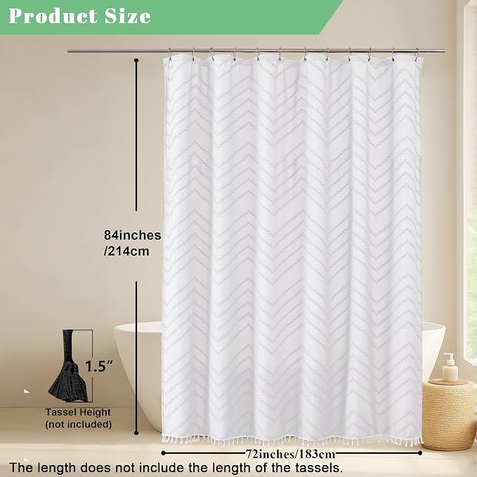 Extra Long White Boho Shower Curtain, Chic Tufted Chevron Striped Textured Fabric Cloth Shower Curtains with Tassel for Bathroom, Soft Hotel Style Farmhouse, Machine Washable, 72x84