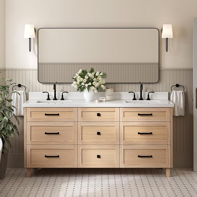 ARIEL Monroe 72-inch Bathroom Vanity with Sink,Solid Wood, 1.5-inch Pure White Quartz Countertop & Backsplash, Double Oval Porcelain Sink, 9 Dovetail Drawers, Matte Black, White Oak