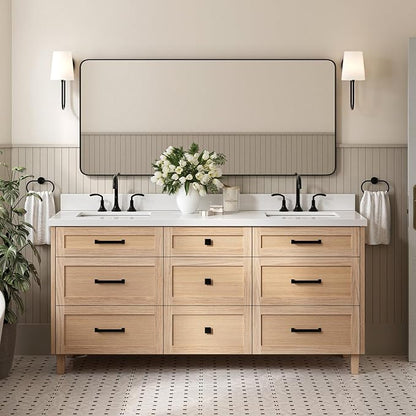 ARIEL Monroe 72-inch Bathroom Vanity with Sink,Solid Wood, 1.5-inch Pure White Quartz Countertop & Backsplash, Double Oval Porcelain Sink, 9 Dovetail Drawers, Matte Black, White Oak