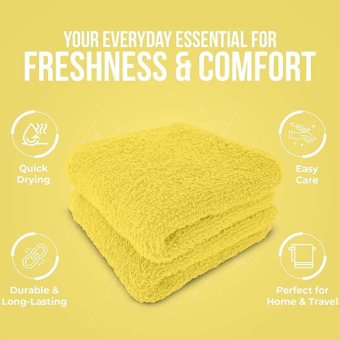 DAN RIVER 24 Pack Cotton Wash Cloths Set for Showering [12x12] Yellow | Lighter Weight, Quick to Dry, Super Soft & Absorbent Face Towels, Hotel Quality, Perfect for Bathroom, Gym, Spa