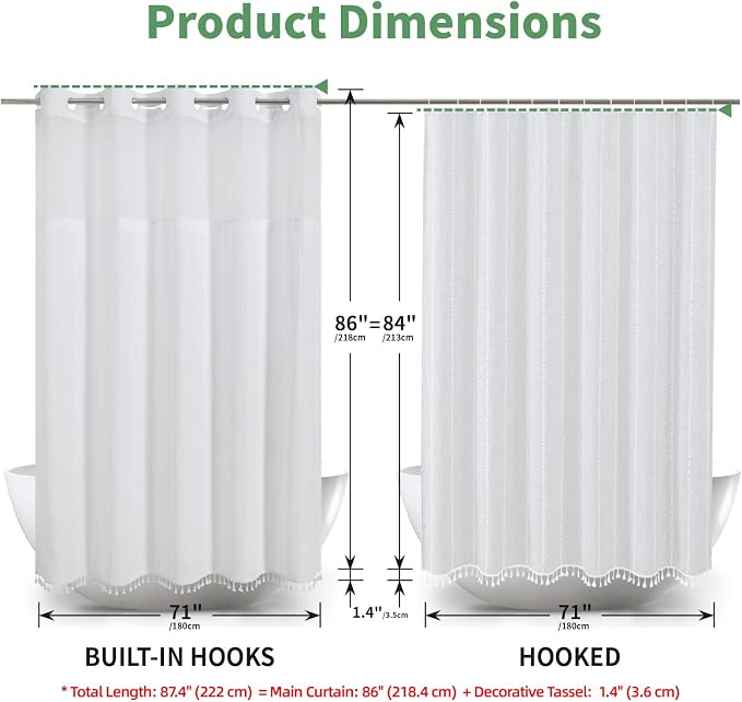eachope No Hook Extra Long Shower Curtain Set with Snap-in Liner,Linen Textured Thick Striped Fabric with Tassels,Boho Chic Modern Farmhouse Bathroom Curtain,Water-Repellent,White,71x86 | 330GSM Thick Linen Textured Striped Fabric with Tassels,Snap-in ...
