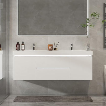 Vanity Art LED Lighted 60 Inch Double Sinks Wall Mounted Bathroom Vanity Set 2 Drawers 4 Shelves Storage Cabinet White Engineered Stone Top Undermount Rectangle Sinks with Sensor Switch
