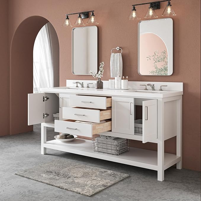 ARIEL Magnolia 72-inch Bathroom Vanity with Sink,Solid Wood, 1.5-inch Pure White Quartz Countertop & Backsplash, Double Rectangular Porcelain Sink, 4 Soft Closing Doors, 3 Dovetail Drawers, White