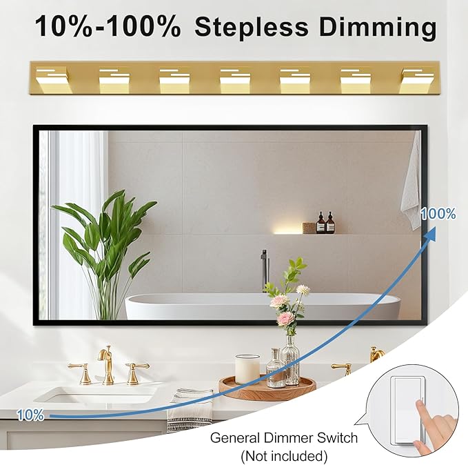 LED Modern Bathroom Vanity Light Fixtures, 7-Light 48-inch Dimmable Gold Vanity Lights for Bathroom Lighting Fixtures Over Mirror, with 350° Rotatable Heads (Cool White 6000K)