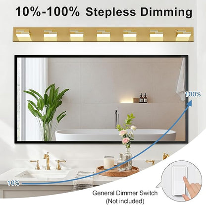 LED Modern Bathroom Vanity Light Fixtures, 7-Light 48-inch Dimmable Gold Vanity Lights for Bathroom Lighting Fixtures Over Mirror, with 350° Rotatable Heads (Cool White 6000K)