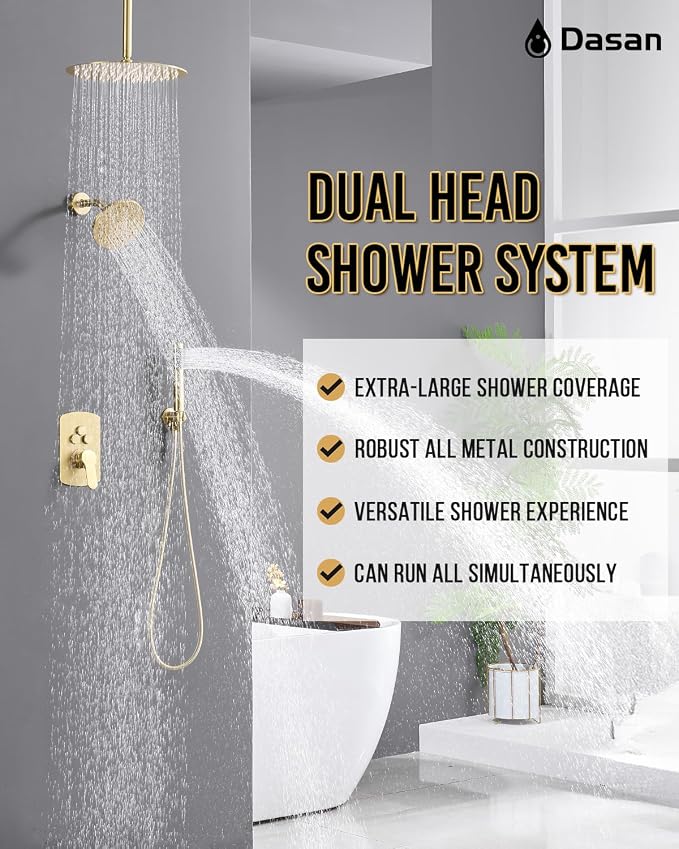Dasan Rainfall Full Body Shower Faucet System with 12'' Round Shower & 6'' Round Shower,Brushed Gold Dual Shower Head Faucets Set with Handheld & Valve, Double Shower Head System for Couples/ 2-Person