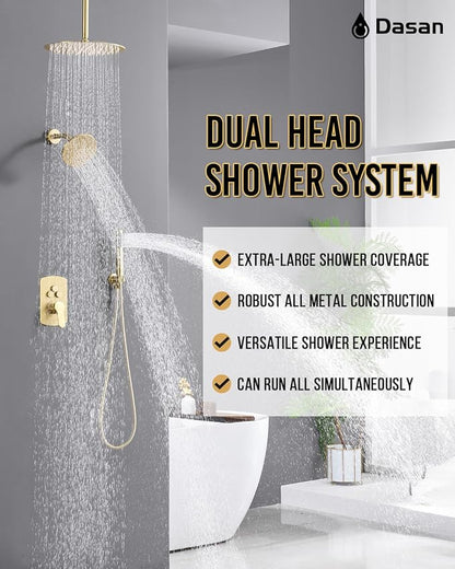 Dasan Rainfall Full Body Shower Faucet System with 12'' Round Shower & 6'' Round Shower,Brushed Gold Dual Shower Head Faucets Set with Handheld & Valve, Double Shower Head System for Couples/ 2-Person