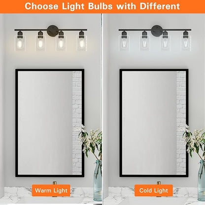 Espird 4 Light Bathroom Vanity Light Fixtures Black,Rustic Farmhouse Vanity Lighting Over Mirror Modern Industrial Lamp with Cylinder Glass Shade UL Certified