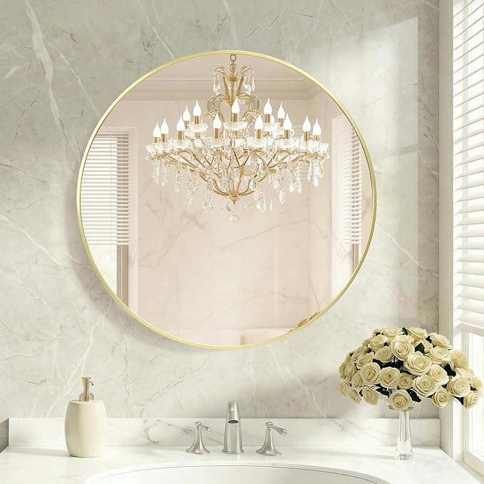 OLIXIS Bathroom Round Mirror for Over Sink, 30 in Wall Circle Mirror, Gold | Matte Brushed Metal Framed, Modern Wall Mount Vanity Mirrors for Home Decor, Living Room, Bedroom