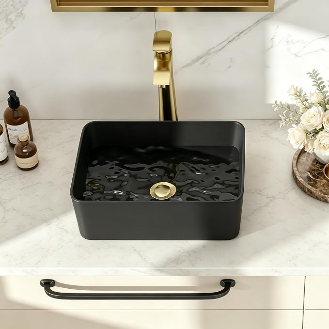 Matte Black Vessel Sink 16x12 inch Bathroom Sink | Rectangle Ceramic Porcelain Stain Resistant Vanity Basin for Bathroom & Powder Room