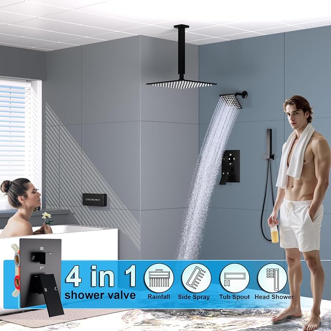 Enga Dual Shower Head System with Tub Spout, Ceiling Mount 10 Inch Shower Head with 6 Inch Wall Mount Shower Head, 4 Way Diverter Shower Faucet with 2 in 1 Handheld, Matte Black