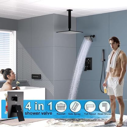 Enga Dual Shower Head System with Tub Spout, Ceiling Mount 10 Inch Shower Head with 6 Inch Wall Mount Shower Head, 4 Way Diverter Shower Faucet with 2 in 1 Handheld, Matte Black