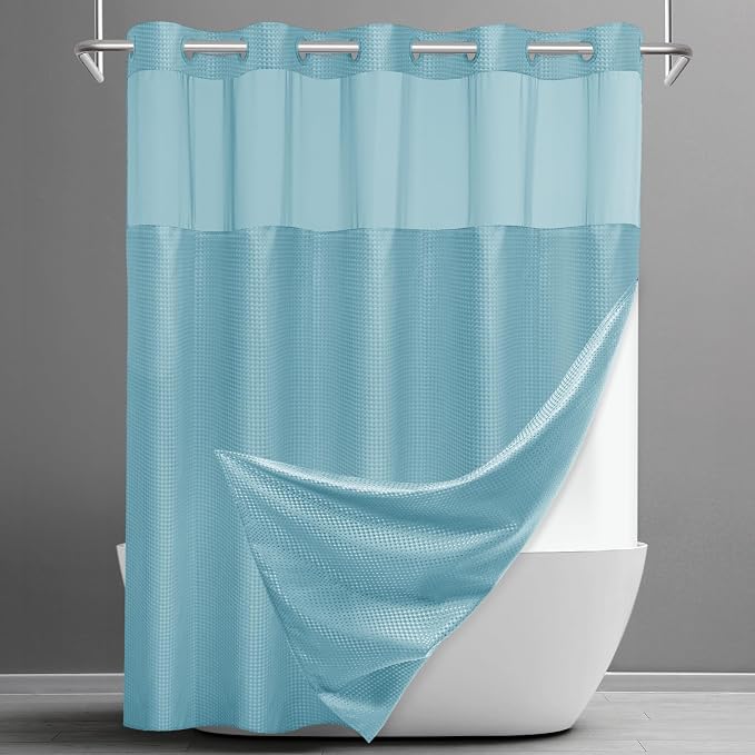 SORTTO No Hook Shower Curtain with Snap in Liner Set Waffle Shower Curtain for Bathroom Hotel Style Fabric Waterproof Inner Liner，71" W x 74" H, Cyan