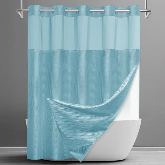SORTTO No Hook Shower Curtain with Snap in Liner Set Waffle Shower Curtain for Bathroom Hotel Style Fabric Waterproof Inner Liner，71" W x 74" H, Cyan