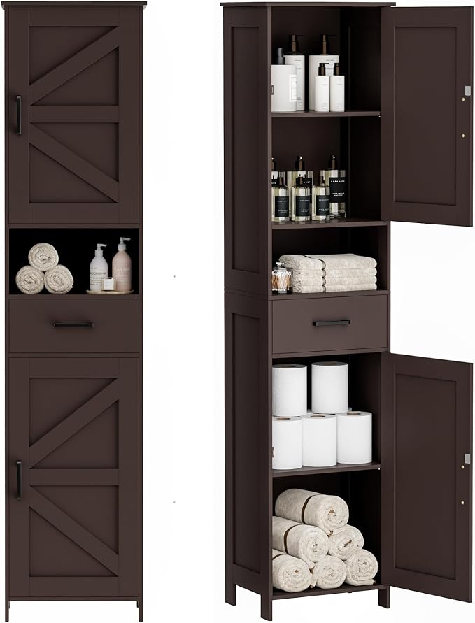 Homhedy 67" H Tall Bathroom Storage Cabinet with Barn Doors and Drawer | Narrow Storage Unit with Adjustable Shelves, Floor Cabinet for Bathroom, Living Room, Entryway or Kitchen, Brown, 15.7" W