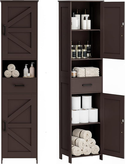 Homhedy 67" H Tall Bathroom Storage Cabinet with Barn Doors and Drawer | Narrow Storage Unit with Adjustable Shelves, Floor Cabinet for Bathroom, Living Room, Entryway or Kitchen, Brown, 15.7" W