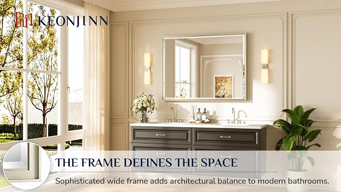 Keonjinn 48"x36" Brushed Nickel Bathroom Vanity Mirror Wall, Aluminum Alloy | HD Tempered Glass with Beveled Edge, Secure French Cleat, Shatterproof, Silver Framed Bathroom Mirrors for Over Sink, Hallway