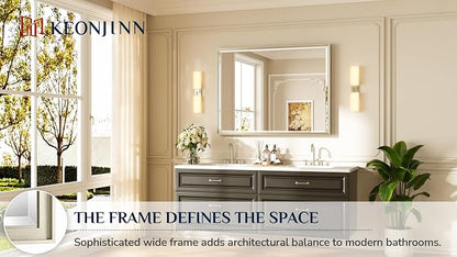 Keonjinn 48"x36" Brushed Nickel Bathroom Vanity Mirror Wall, Aluminum Alloy | HD Tempered Glass with Beveled Edge, Secure French Cleat, Shatterproof, Silver Framed Bathroom Mirrors for Over Sink, Hallway