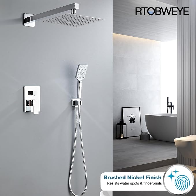 8 Inch Shower Faucet Set, Rainfall Shower System with High Pressure Handheld Shower Head, Bathroom Mixer Wall Mounted Shower Faucet Rough-in Valve and Trim Kit, Polish Chrome, with 3-Setting