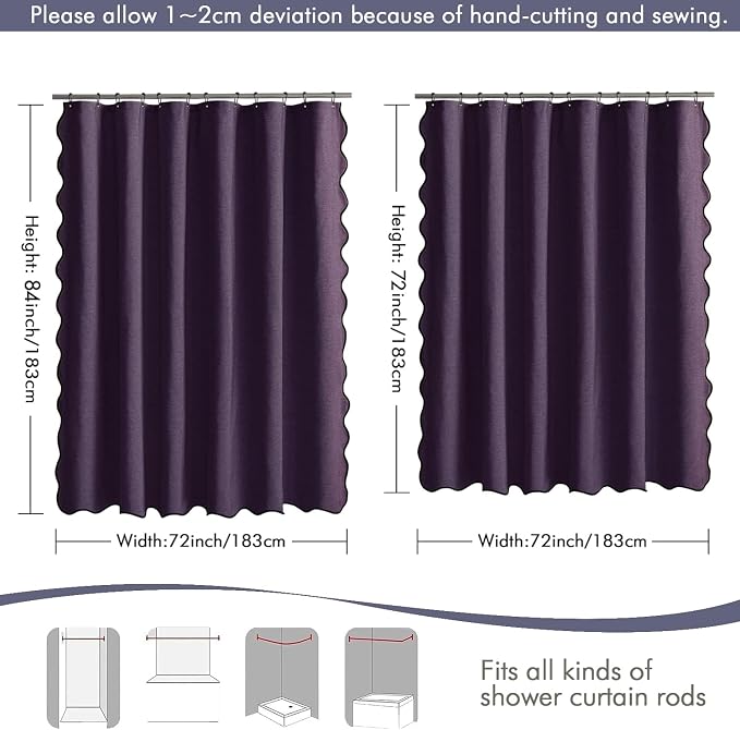 MIULEE 72"x84" Extra Long Scalloped Linen Shower Curtain Purple | Linen Textured, Waterproof, Washable, 12 Metal Hooks, Heavy Duty Cloth, Black Border, Shower Curtain for Bathroom Bathtub