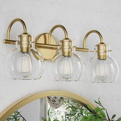 Gold Vanity Light, 3 Light Bathroom Light Fixtures, Modern Bathroom Vanity Lights Fixtures Over Mirror with Clear Globe Glass Shade, Gold Wall Sconces for Bathroom Hallway, E26 Base | Wall Sconce,Painted,Globe Glass Shade,E26 Base,UL Certified,Anti-Rus...