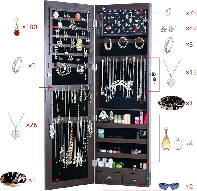 8 LED Lights Jewelry Armoire with Mirror Cabinet Door/Wall Mounted | 47.3' H Mirror With Storage And 2 Drawers - Brown