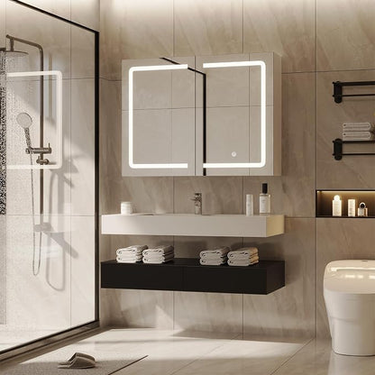 DICTAC Medicine Cabinet with Mirrors and Storage 31.5''x23.6'' Wall Mounted Bathroom Mirror Cabinets with Led Lights Double Doors Mirror Lighted Medicine Cabinets with Adjustable Storage Shelf,White