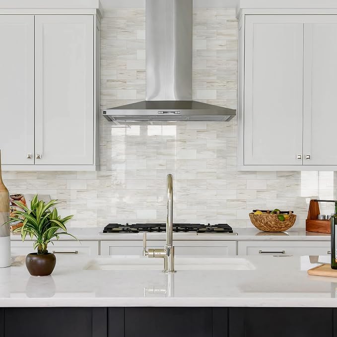 Vamos Tile 4-Piece Glossy Wooden Marble Grain Peel & Stick Backsplash Tile | 3''x6'' PVC Subway Tile with White Grout, Stick on Backsplash for Kitchen/Bathroom/Fireplace/Laundry/Camper