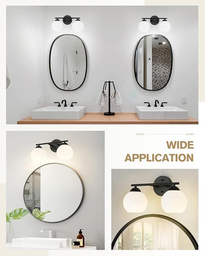 Emak Black Vanity Lights for Mirror, Modern Farmhouse 2-Light Bathroom Light Fixtures Globe Bathroom Vanity Light with Milk Glass Shade, VL114-BK-ML-2