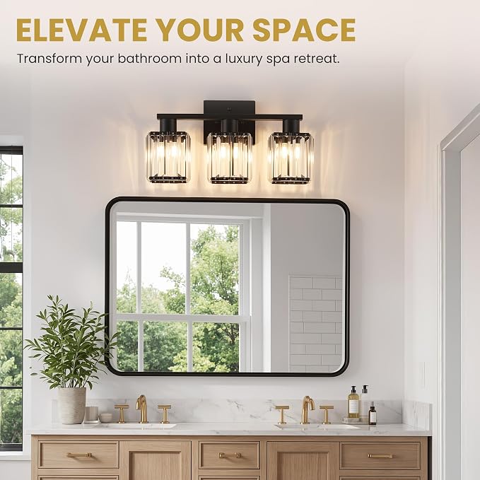 Crystal Bathroom Light Fixtures, 3-Light Matte Black, Vanity Lights for Bathroom Over Mirror, Modern Bath Wall Sconce for Mirror Bedroom Living Room