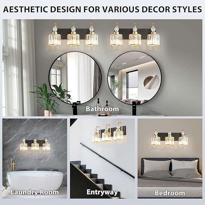 Bathroom Vanity Light Fixtures Over Mirror, Makeup Lighting for Modern Wall, Bath, Desk, Hallway, Farmhouse, 3 Crystal Lights, Black Gold