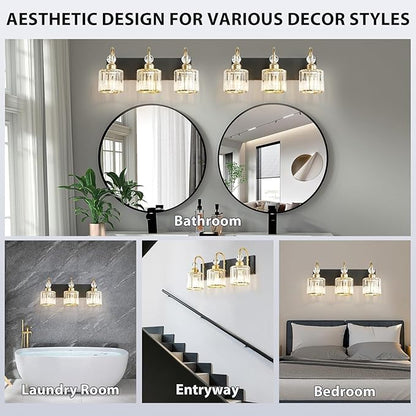 Bathroom Vanity Light Fixtures Over Mirror, Makeup Lighting for Modern Wall, Bath, Desk, Hallway, Farmhouse, 3 Crystal Lights, Black Gold