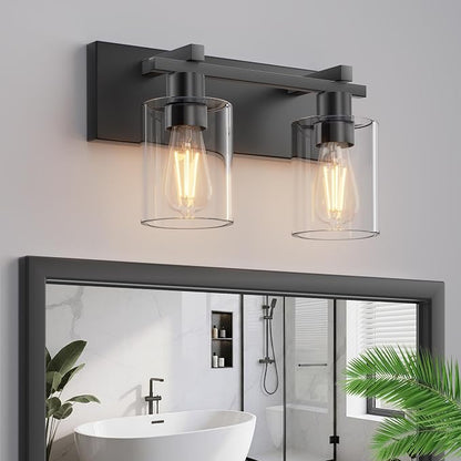 2-Light 13inch Matte Black Vanity Light, Thickened Clear Glass | Over Mirror for Bathroom, Rust Resistant, E26 Base, Easy Install, Removable Glass Shade Horizontal Mount, Dimmable