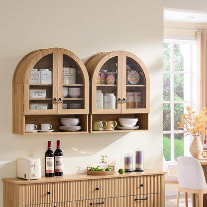 IFGET Bathroom Arched Wall Cabinet, 23.6'' Wide Medicine Cabinet with Adjustable Shelves & Glass Doors, Over The Toilet Storage Wall Mount Cabinet for Laundry Room, Kitchen & Living Room, Natural Oak