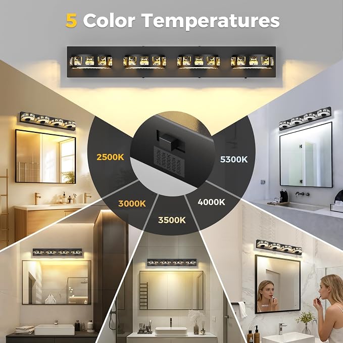 Modern Bathroom Vanity Lights 29.1 inch 32W 5 Color Temperature Black Vanity Light (4-Light,Dimmable) Crystal Bathroom Light Fixtures for Mirror, Living Room, Kitchen, Hallway, Cabinet