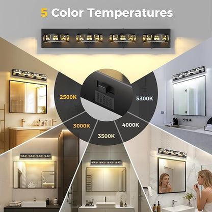 Modern Bathroom Vanity Lights 29.1 inch 32W 5 Color Temperature Black Vanity Light (4-Light,Dimmable) Crystal Bathroom Light Fixtures for Mirror, Living Room, Kitchen, Hallway, Cabinet