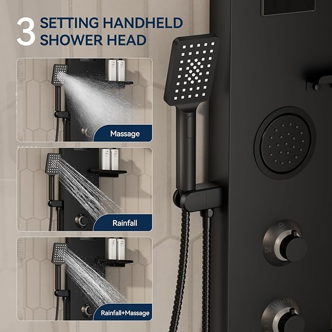 Homevacious 4 In 1 Shower Panel Shelf LED Rainfall Shower Head and Adjustable Massage Body Jets 3-Functions with Handheld Shower Tub Spout Stainless Steel Bathroom Shower Fixtures Matte Black