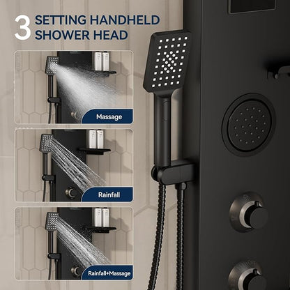 Homevacious 4 In 1 Shower Panel Shelf LED Rainfall Shower Head and Adjustable Massage Body Jets 3-Functions with Handheld Shower Tub Spout Stainless Steel Bathroom Shower Fixtures Matte Black