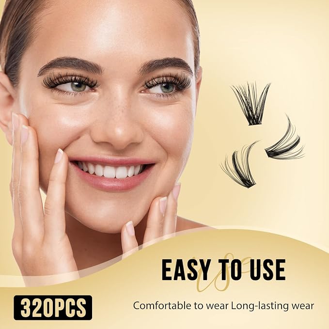 QUEWEL Lash Clusters 320Pcs 40D D Curl Lash Cluster Eyelash Extensions | Cluster Lashes Mix12-18mm Individual Eyelashes Clusters Wispy Lash Clusters Thin Band Soft to Use at Home(40D D Mix12-18)