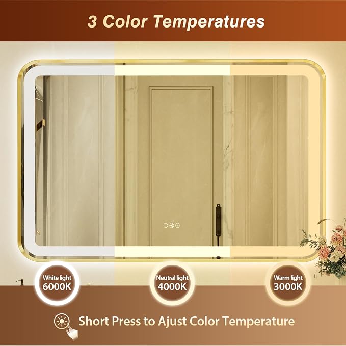 36x60 Inch LED Bathroom Mirror with Gold Frame,Front and Backlit Vanity Mirror, Stepless Dimmable Wall Mirrors with Anti-Fog, 3 Colors, Memory, Waterproof, LED Smart Bathroom Mirror